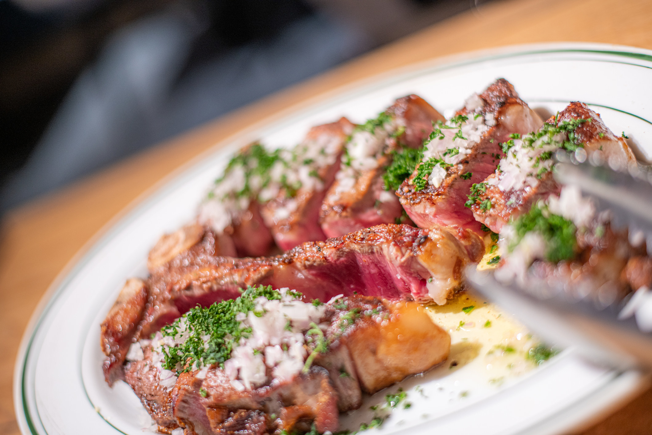 A large sliced steak