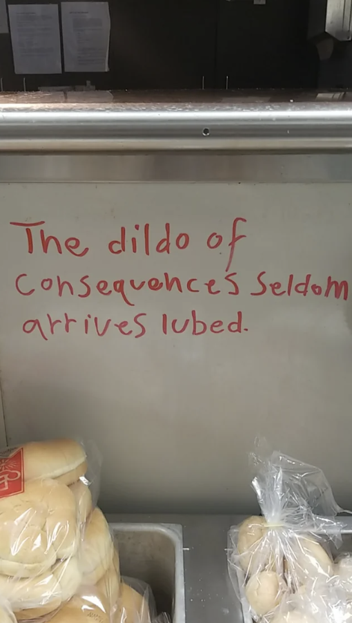 "The dildo of consequences seldom arrives lubed"