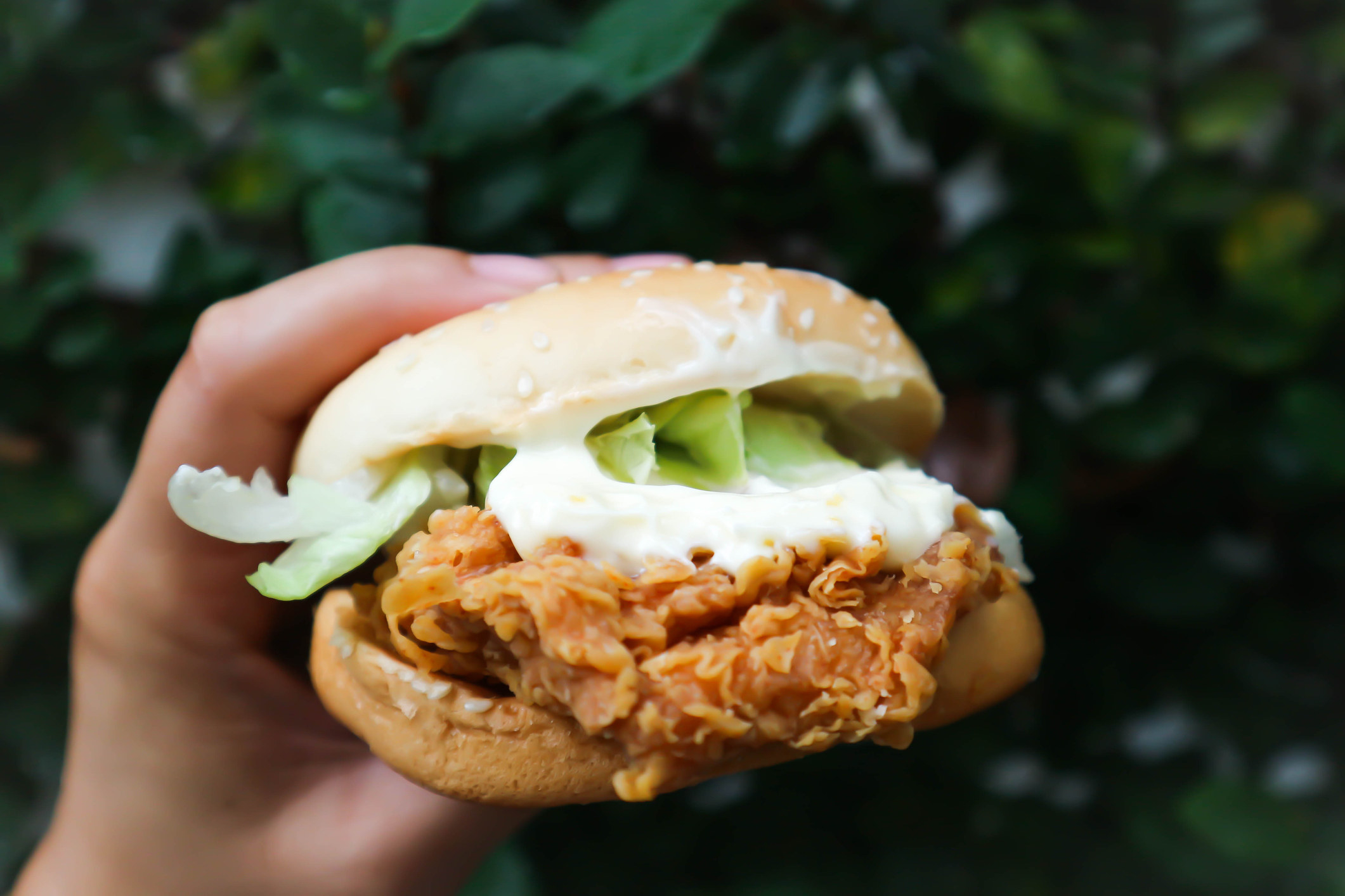 A fried chicken sandwich with lettuce on a bun with a big dollop of mayo on it