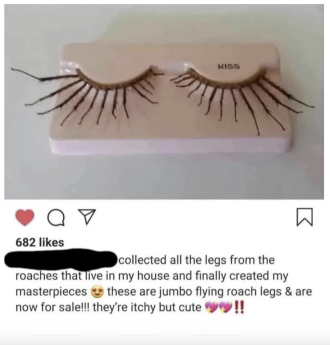person proudly posting their roach leg lashes creation