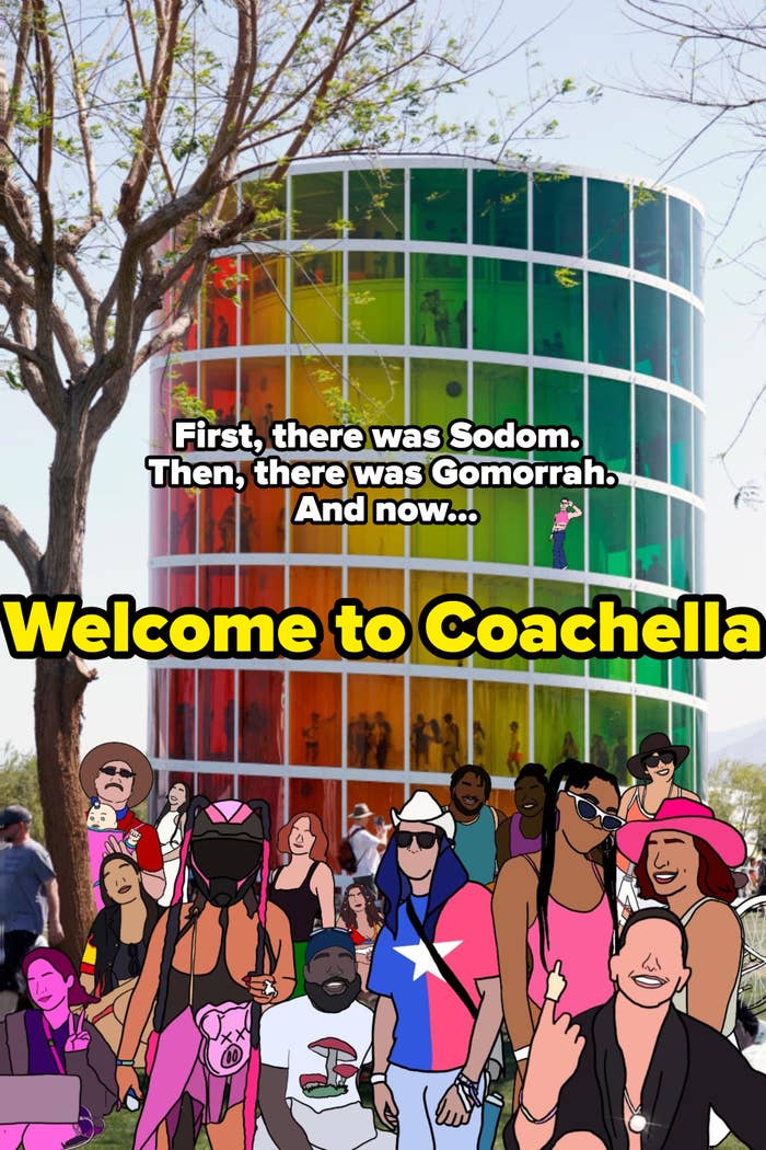 Illustrated Coachella guests posing in front of a large rainbow viewing tower with annotation saying &quot;First, there was Sodom. Then, there was Gomorrah. And now...Welcome to Coachella.&quot;