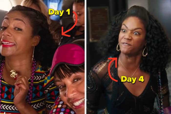 On the left are two characters from movie &#x27;Girls Trip&#x27; smiling while taking a selfie with the caption &quot;Day 1&quot; and on the right is an angry picture of Tiffany Haddish with the caption &quot;Day 4&quot;