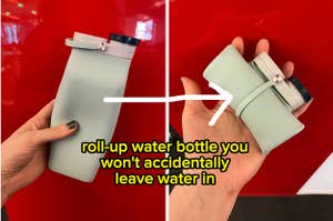 silicone water bottle, then same water bottle rolled up and fitting in palm of hand
