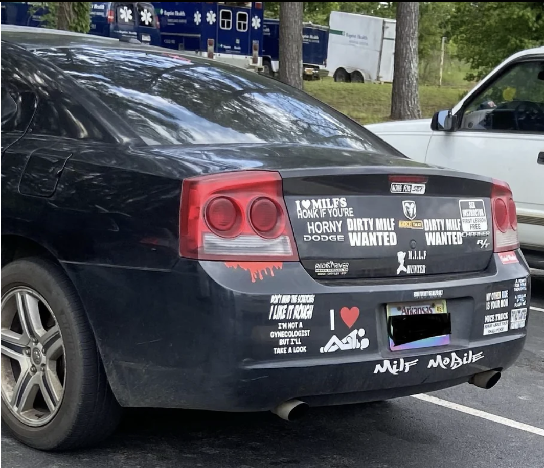 bummer stickers about milfs all over a car bumper