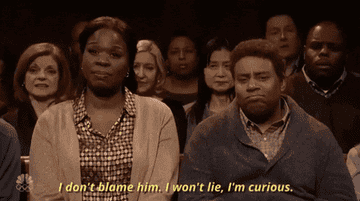 Leslie Jones saying "I don't blame him; I won't lie, I'm curious" to Kenan Thompson on SNL