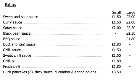 screenshot of a british chinese menu with 8 different sauces available on the &quot;Extra&quot; menu