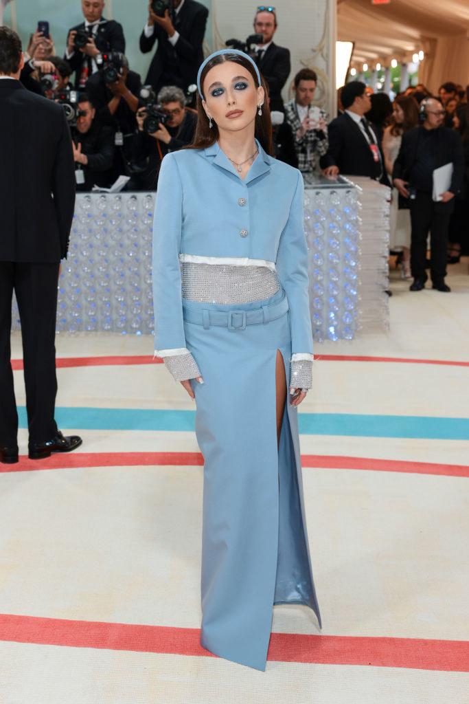 Emma Chamberlain attends The 2023 Met Gala in a blue gown
