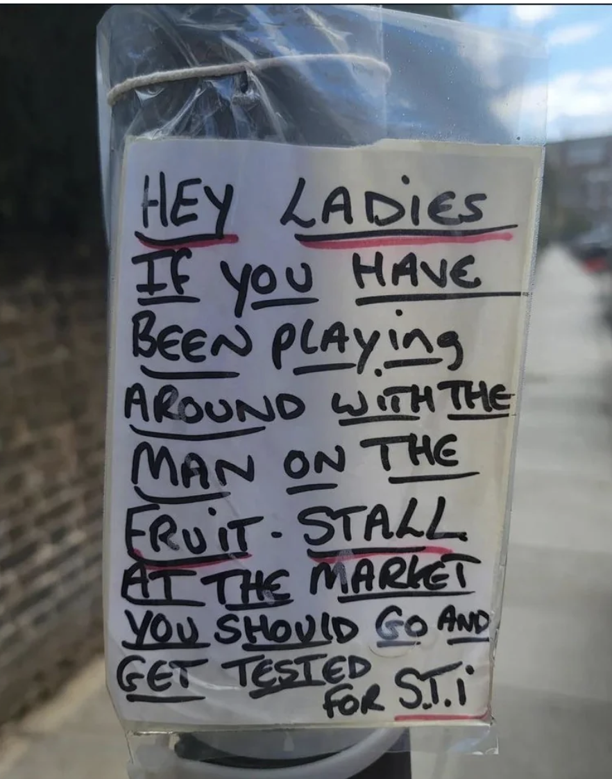 note warning women to get an s.t.i test if they&#x27;ve been messing with the fruit stall guy
