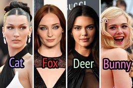 On the left, Bella Hadid labeled cat, then Sophie Turner labeled fox, then Kendall Jenner labeled deer, and on the right, Elle Fanning labeled bunny
