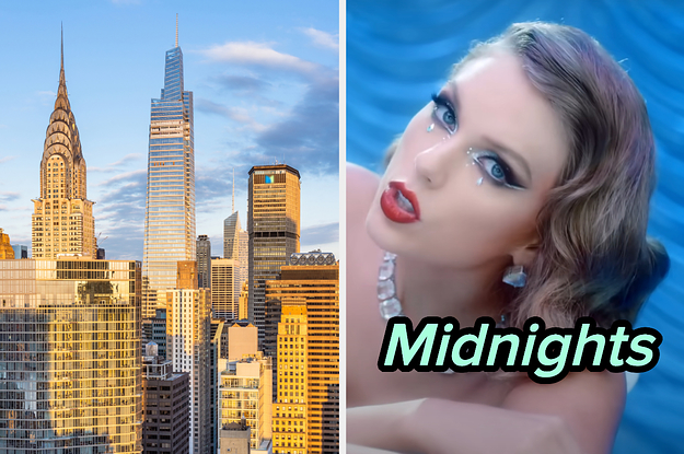 On the left, the New York City skyline, and on the right, Taylor Swift in the Bejeweled music video labeled Midnights