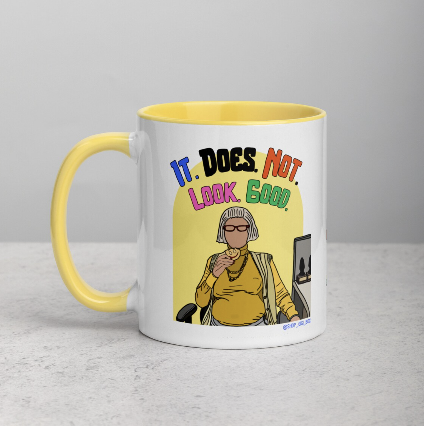 Yellow mug with Deirdre artwork saying "it does not look good"