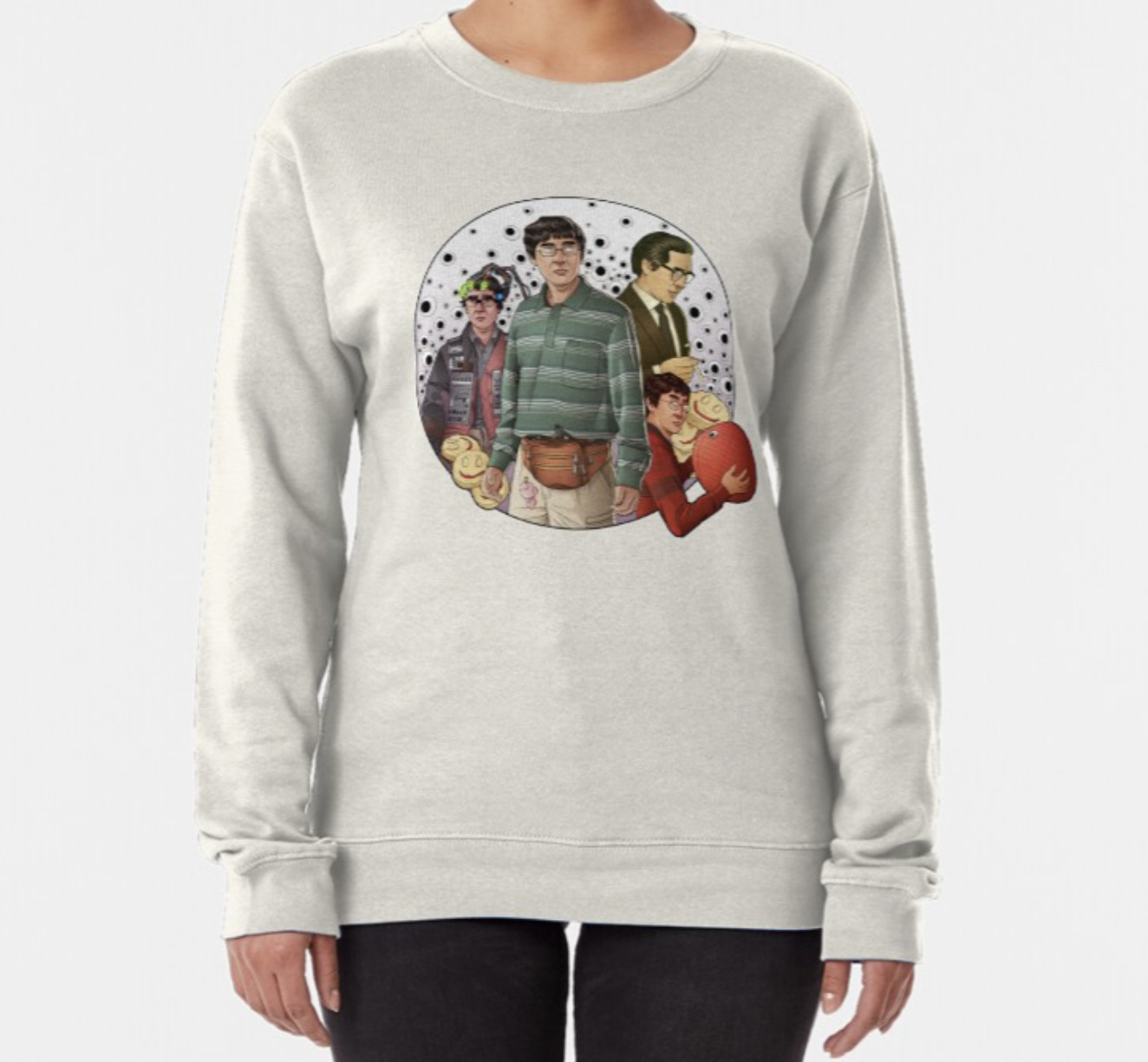Model wearing pullover sweatshirt featuring illustrations of Waymond