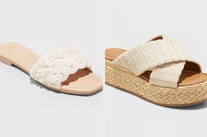 a pearl covered white sandal and a criss cross white sandal
