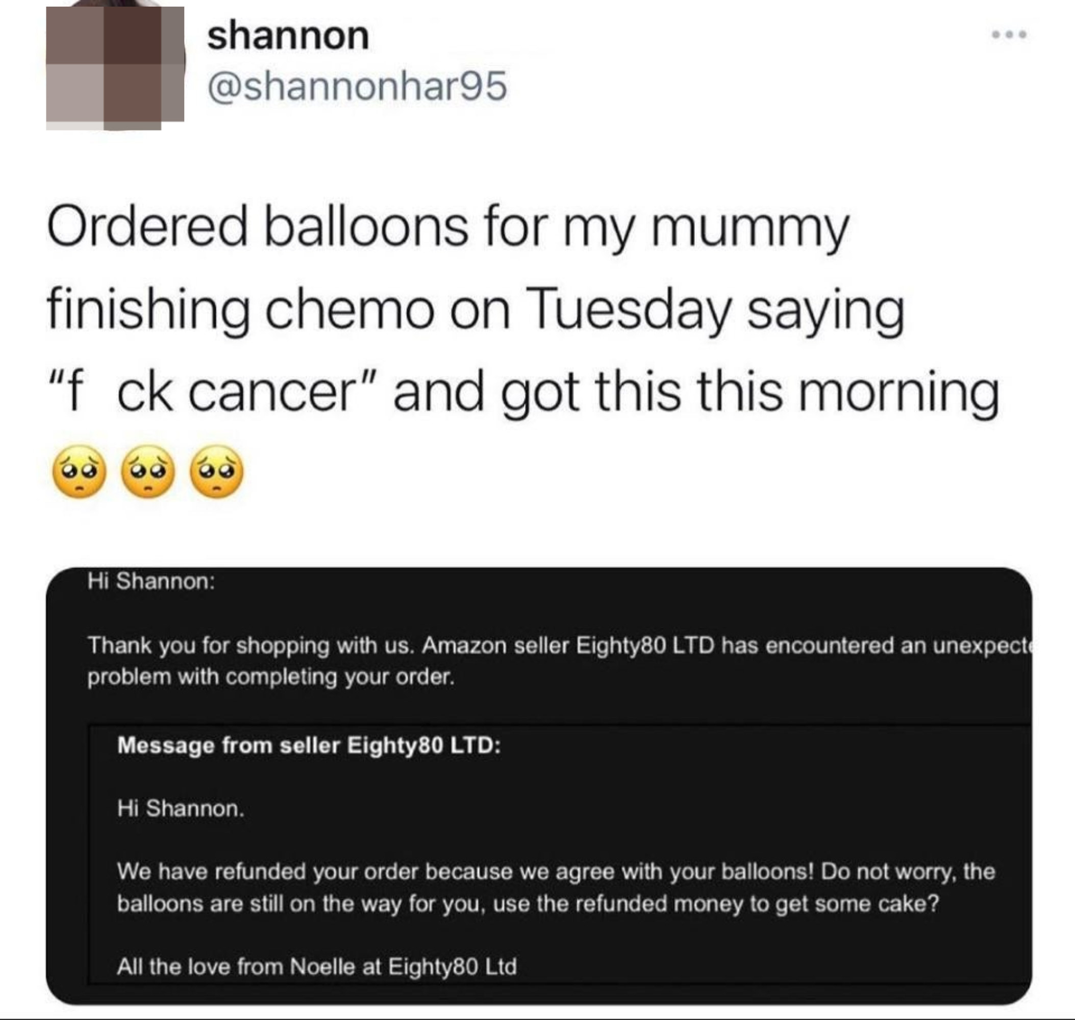 "use the refunded money to get some cake?"