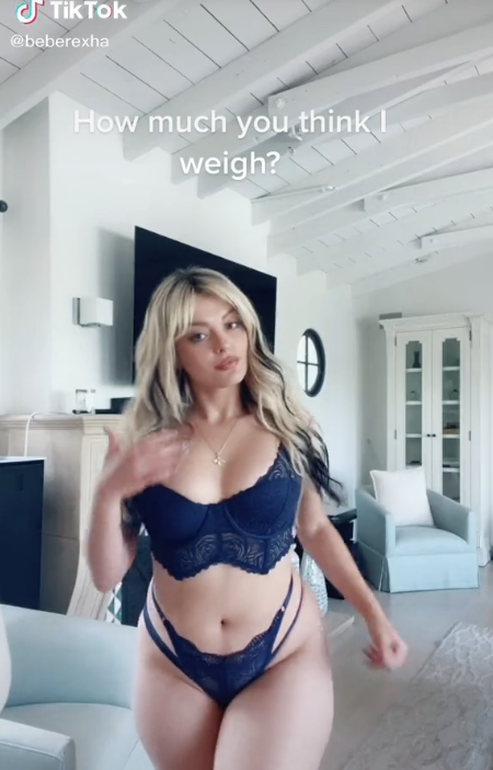 Screenshot from Bebe Rexha&#x27;s TikTok video of her in lacy bra and panties