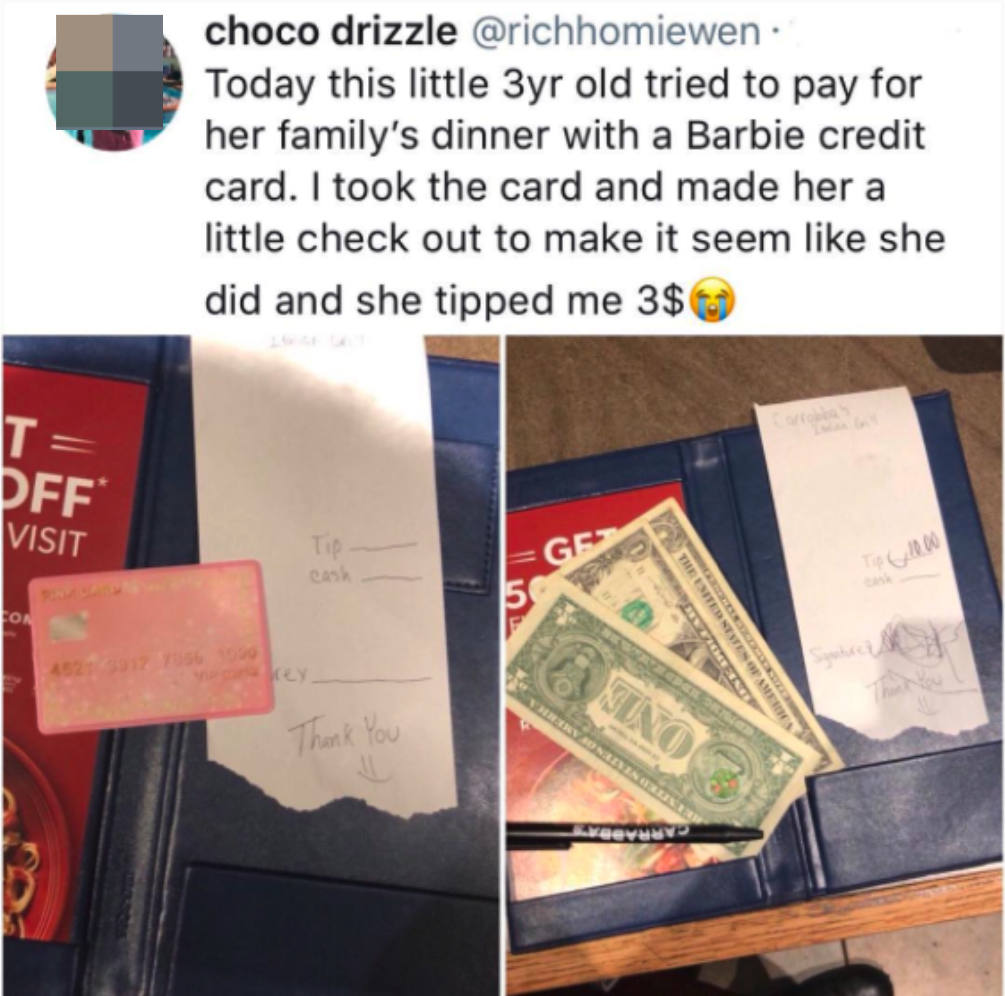 A little girl tipped their wait staff $3