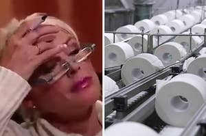 Brigitte Nielson puts her hand against her forehead in frustration vs rolls of tissue on a conveyor belt