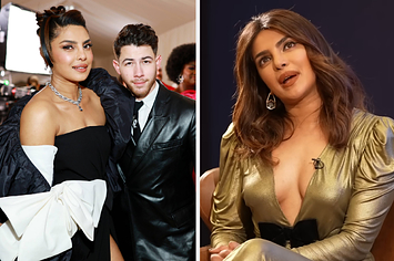Priyanka Chopra poses with Nick Jonas at the Met Gala vs Priyanka Chopra looks up as she thinks over a question in an interview