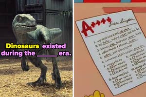 image of dinosaur next to a separate image of a test that reads "A+++" at the top