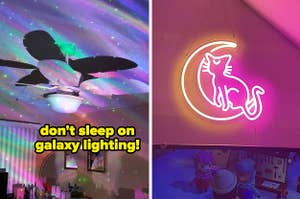 galaxy lighting cast across a ceiling / a pink and yellow sailor moon neon light on a wall
