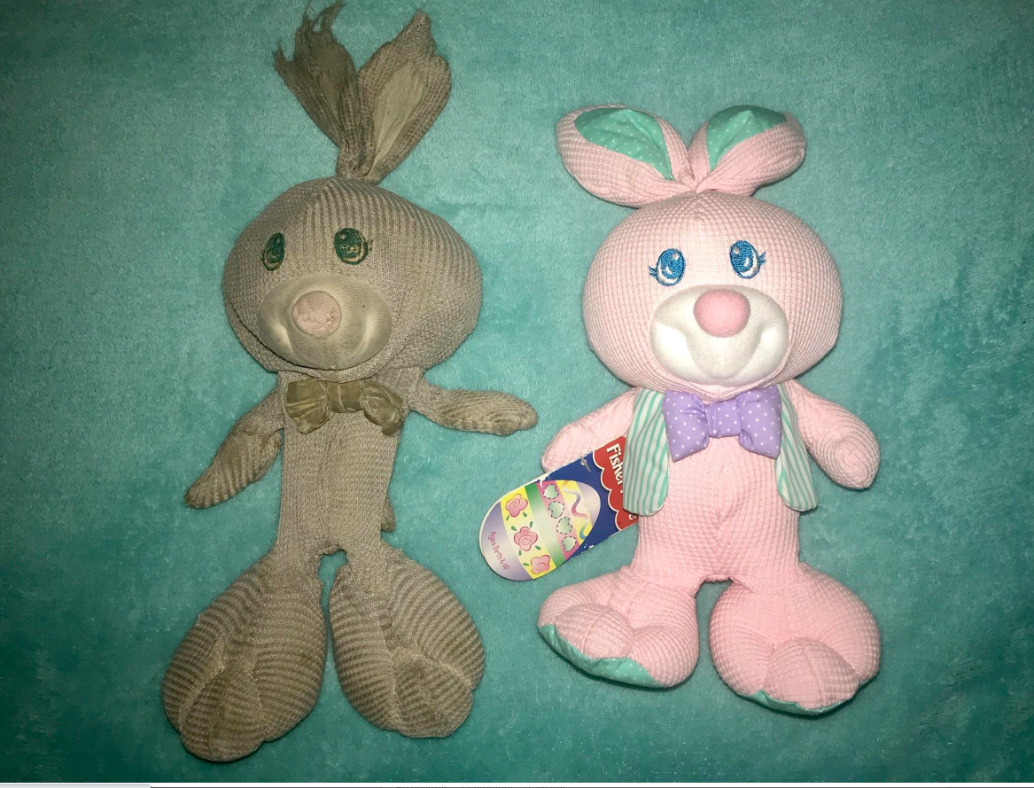 Two stuffed toys side-by-side, one old and one new