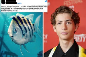 Flounder swims in a poster for the new live-action little mermaid vs Jacob Tremblay poses for a photo on the red carpet