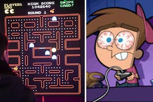 pac man on the left and timmy turner playing video games on the right