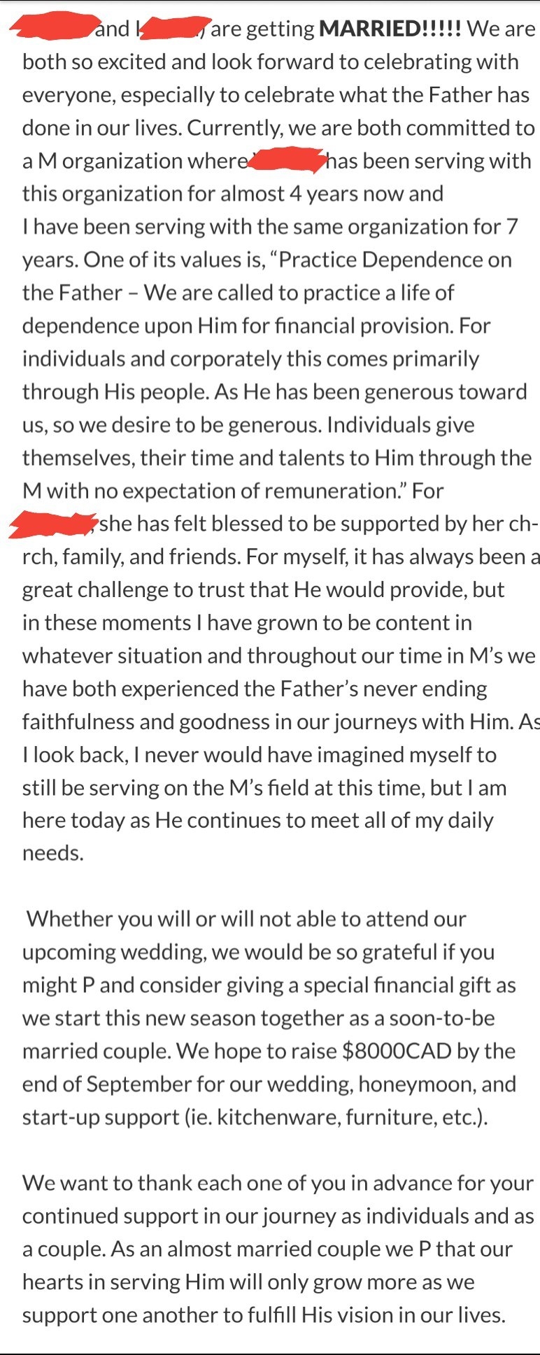 person asking for 8 thousand dollars for their wedding