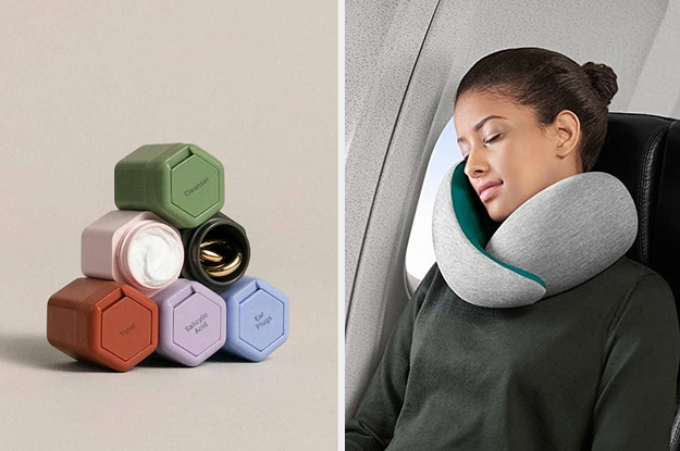 side by side photos of six small magnetic containers and a person wearing an ostrich pillow