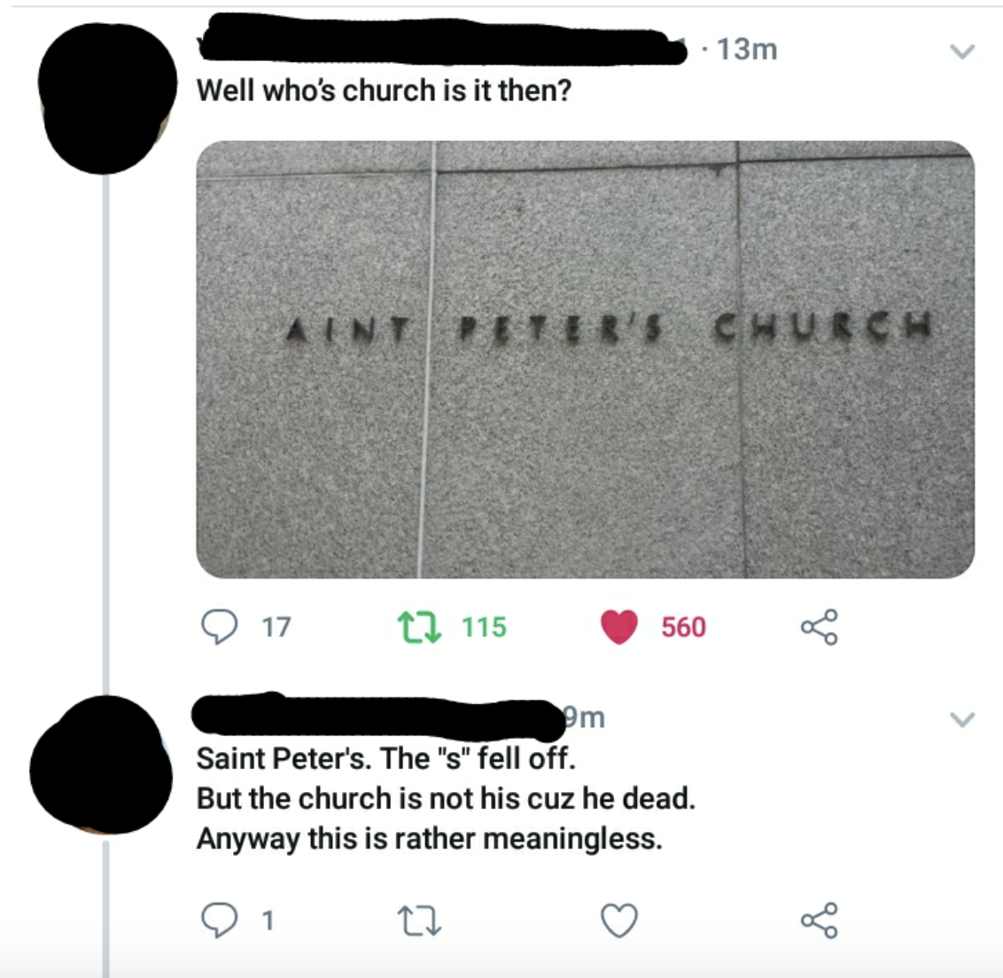 "Saint Peter's. The "s" fell off."