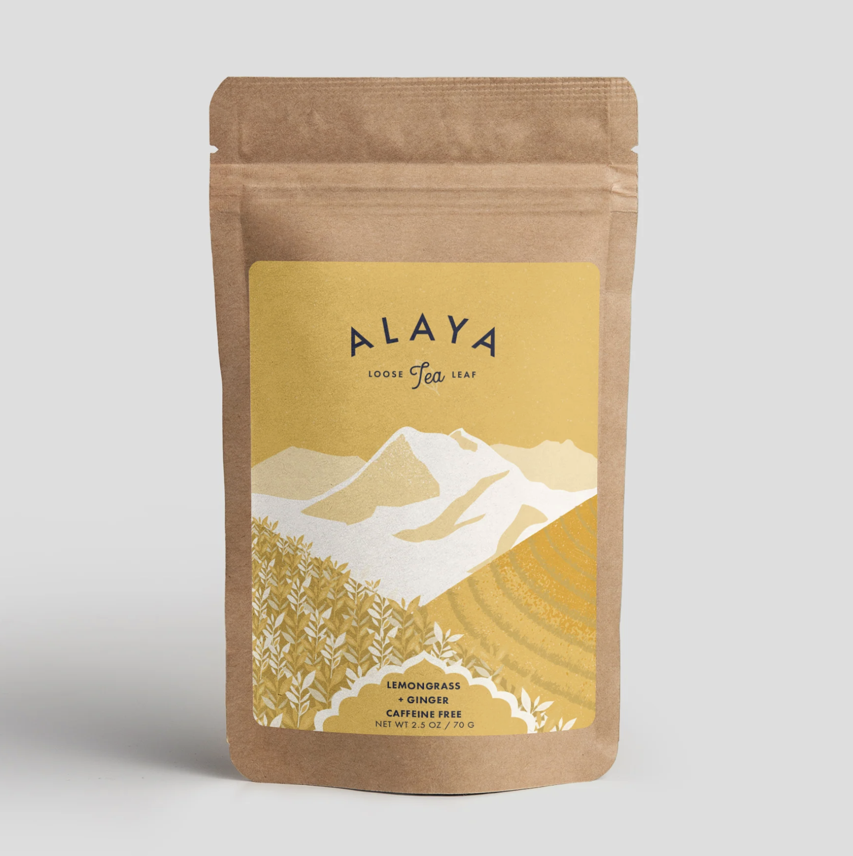 Bag of lemongrass and ginger tea on white background.