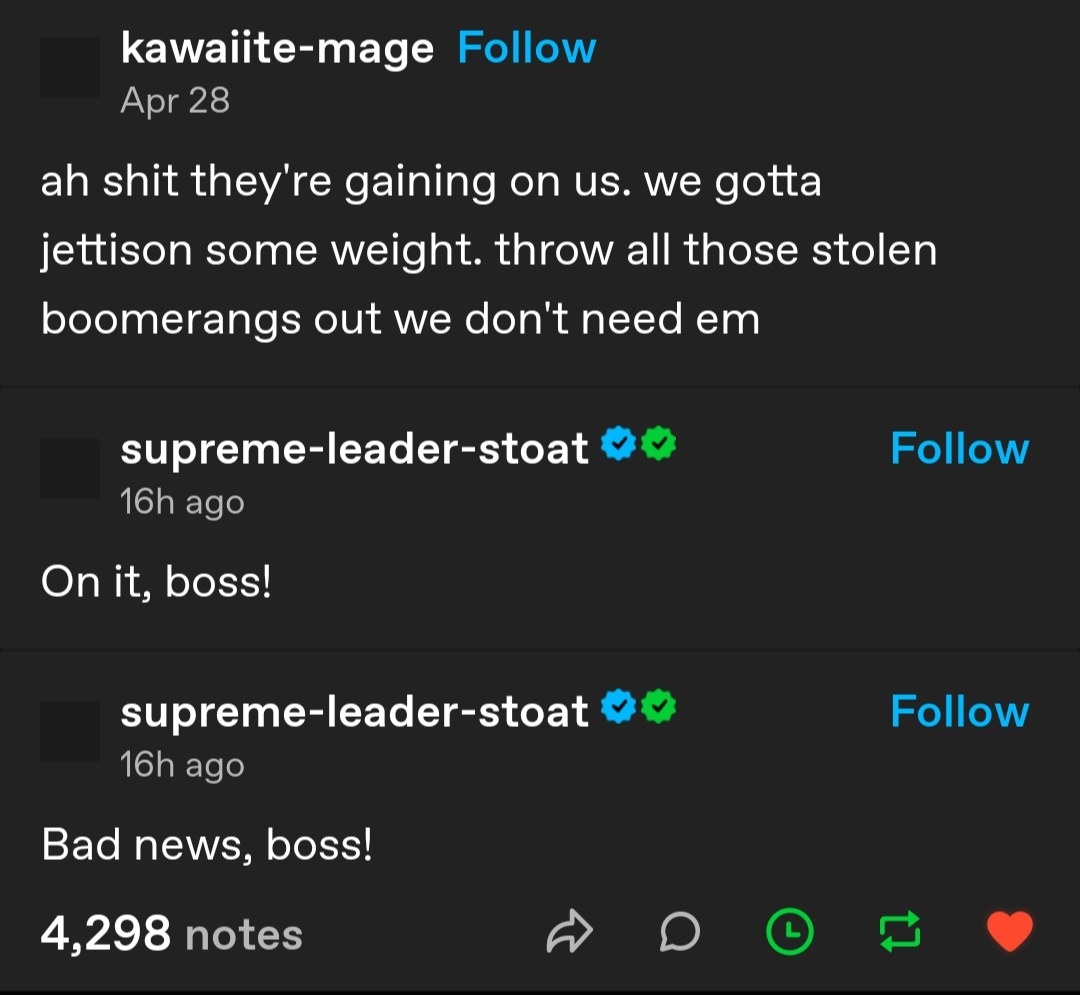 "throw all those stolen boomerangs out we don't need em"