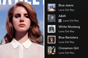 On the left, Lana Del Rey staring straight ahead on the Born to Die album cover, and on the right, A Spotify playlist full of Lana Del Rey songs