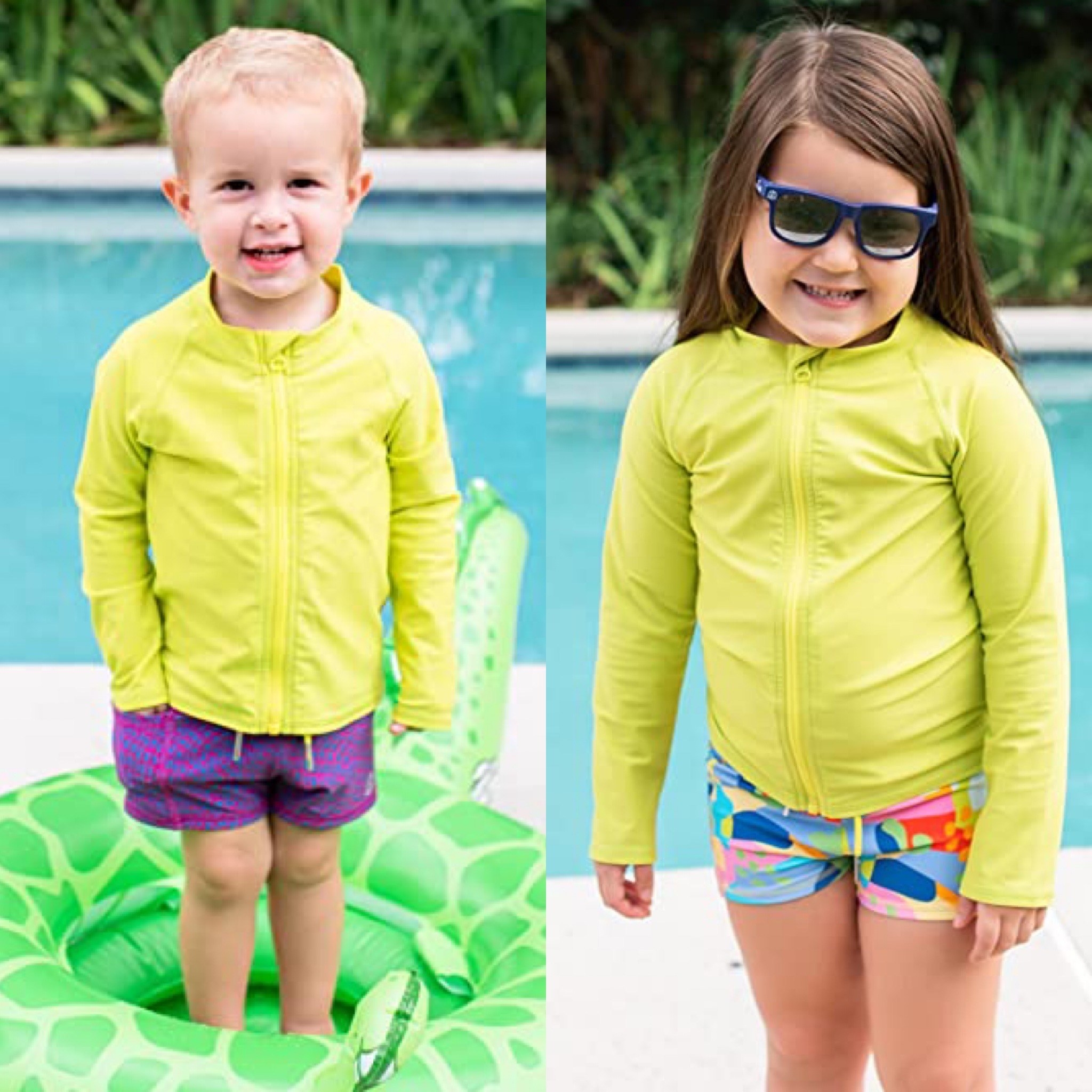 Split image of two child models wearing yellow zip up rash guard at pool