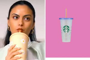 woman drinking out of reusable plastic cup with straw next to a starbucks reusable plastic cup with straw