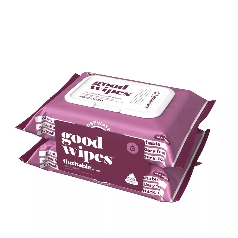 the Goodwipes flushable wipes in the rosewater scent