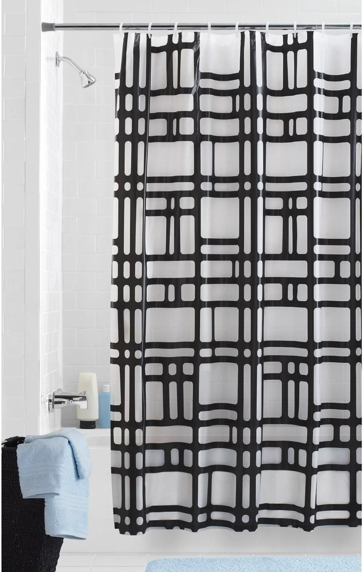 Frosted shower curtain with black geometric deserve