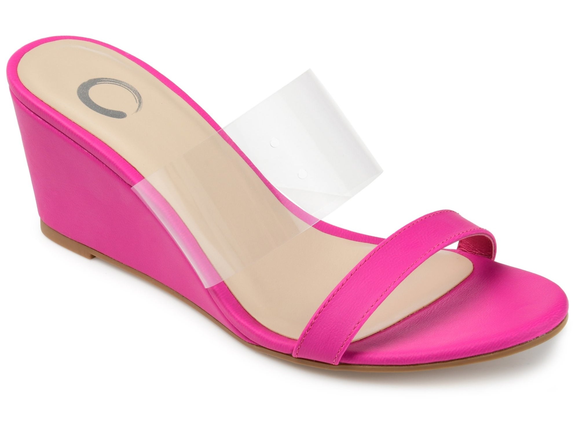 the pink wedge with a clear ankle strap