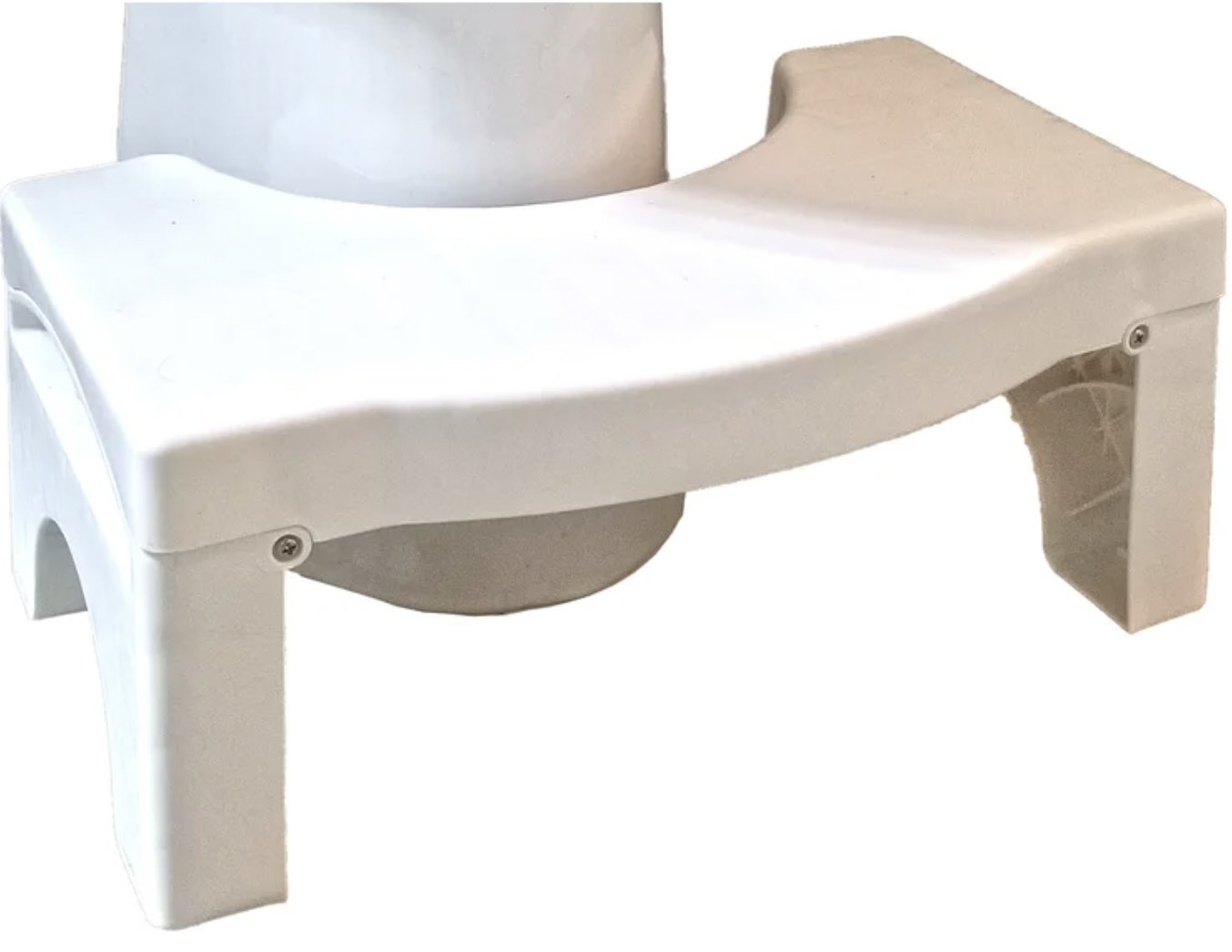 The white stool in front of toilet