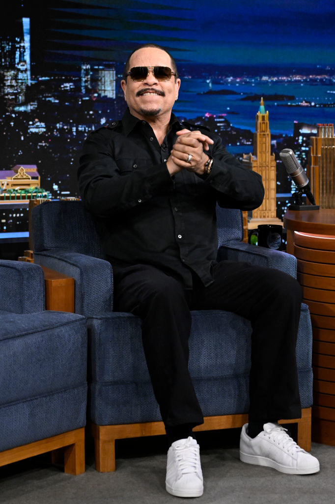 A closeup of Ice-T on a late-night talk show
