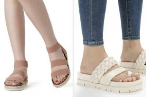 on left: model wearing light pink ankle strap sandals. on right: model wearing white braided sandals