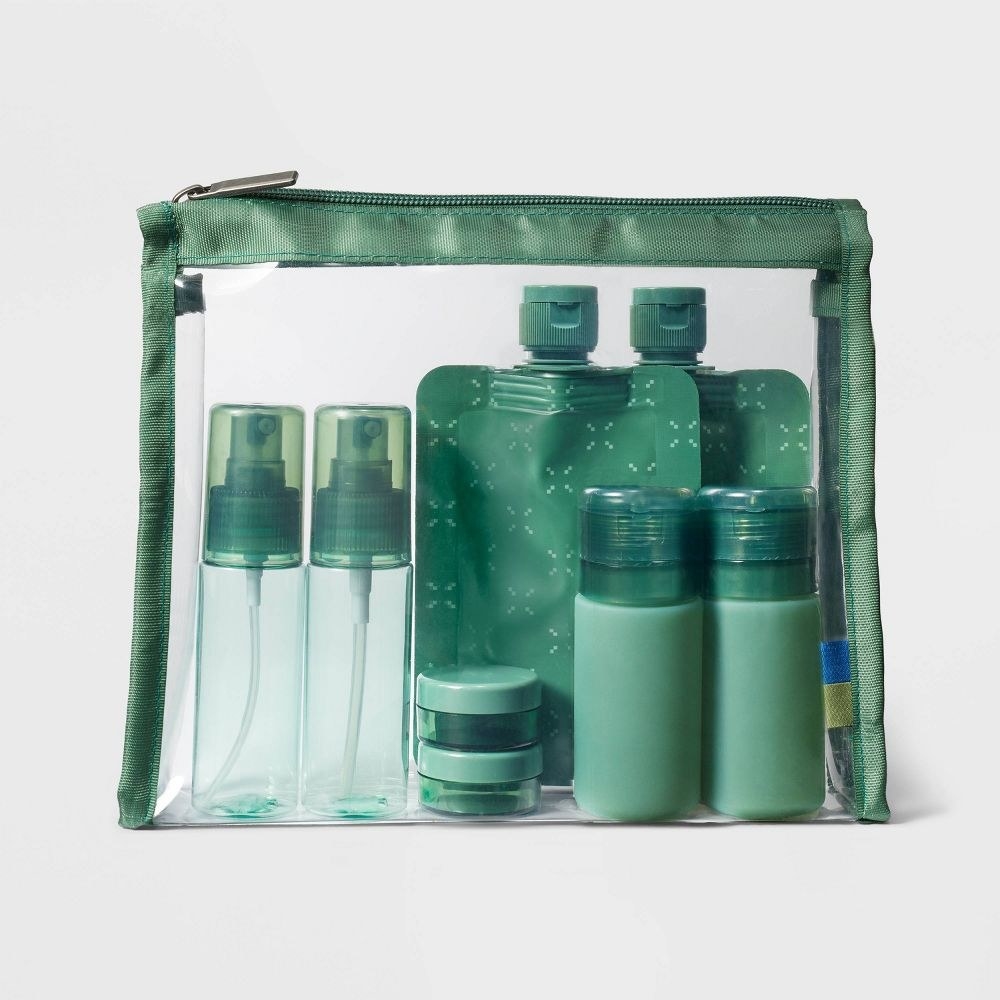 green eight piece toiletry set in clear bag