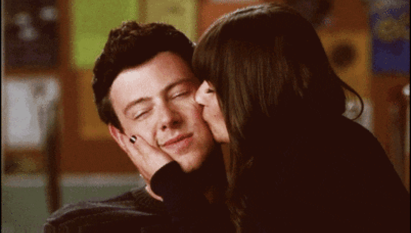 Rachel kissing Finn on the cheek