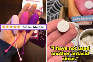 a hand holding three kegel weights and text that reads "better bladder"; a hand holding an antacid and text that reads "I have not used another antacid since"