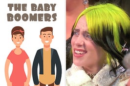 Billie Eilish looks bewildered and a cartoon labeled "baby boomers"