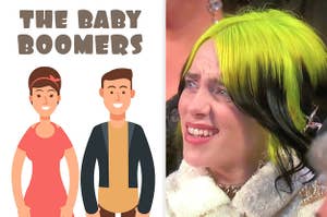 Billie Eilish looks bewildered and a cartoon labeled "baby boomers"