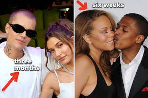 Justin Bieber and Hailey Bieber cuddle up to each other and smile for a photo vs Nick Cannon kisses Mariah Carey on the cheek as she smiles on the red carpet