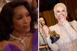 Angela Bassett looks disappointed after Jamie Lee Curtis wins an Oscar over her vs Jamie Lee Curtis looks shocked as she claps her hand over her mouth while holding an Oscar she'd just won