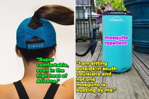 high ponytail cap on the left and mosquito repellent on the right