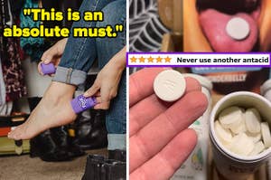 a model applying foot balm to their ankle and text that reads "This is an absolute must"; a hand holding a chewable antacid tablet and text that reads "never use another antacid"